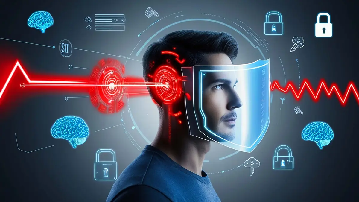 Empleado usando inteligencia artificial en el trabajo con protección de datos de la empresa